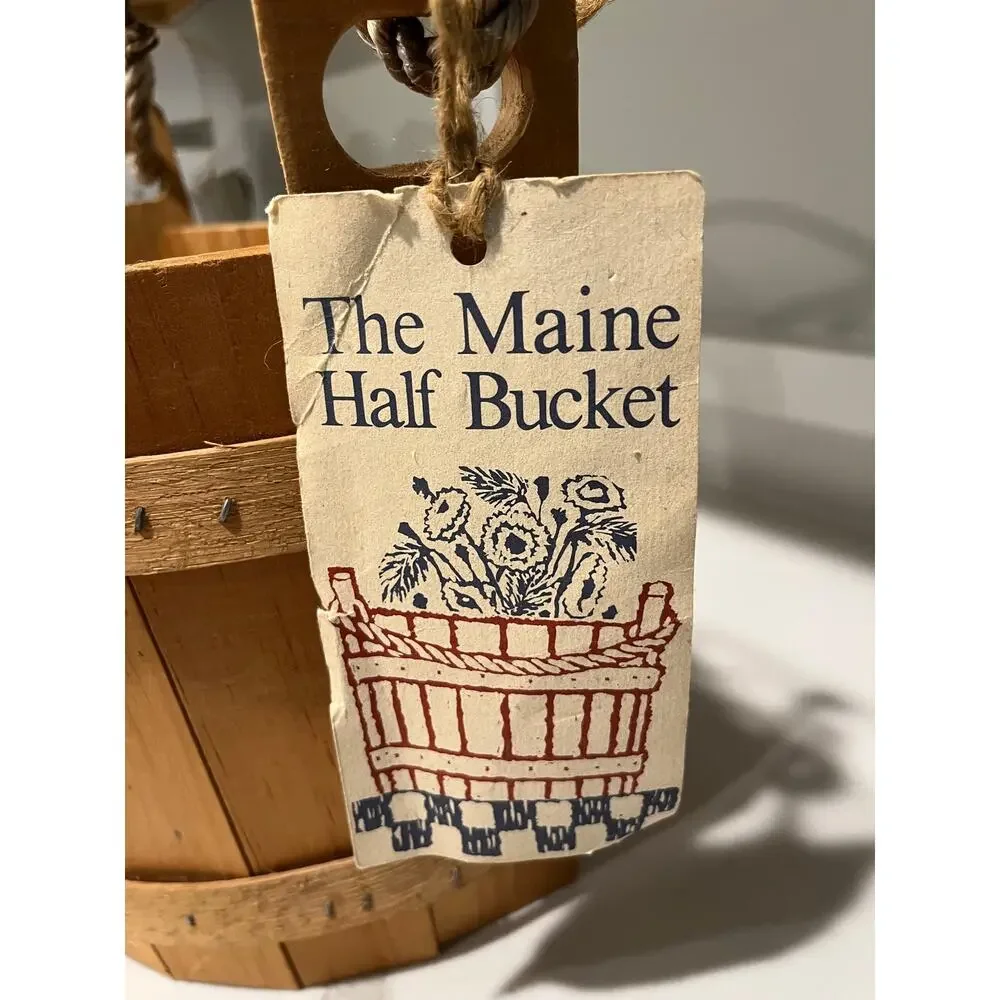 Vintage Maine Half Bucket Co Pine Wood Retriever Dog Basket Planter USA w Tag